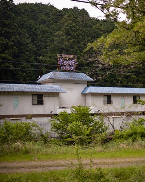 White House love hotel, overgrown with weeds.